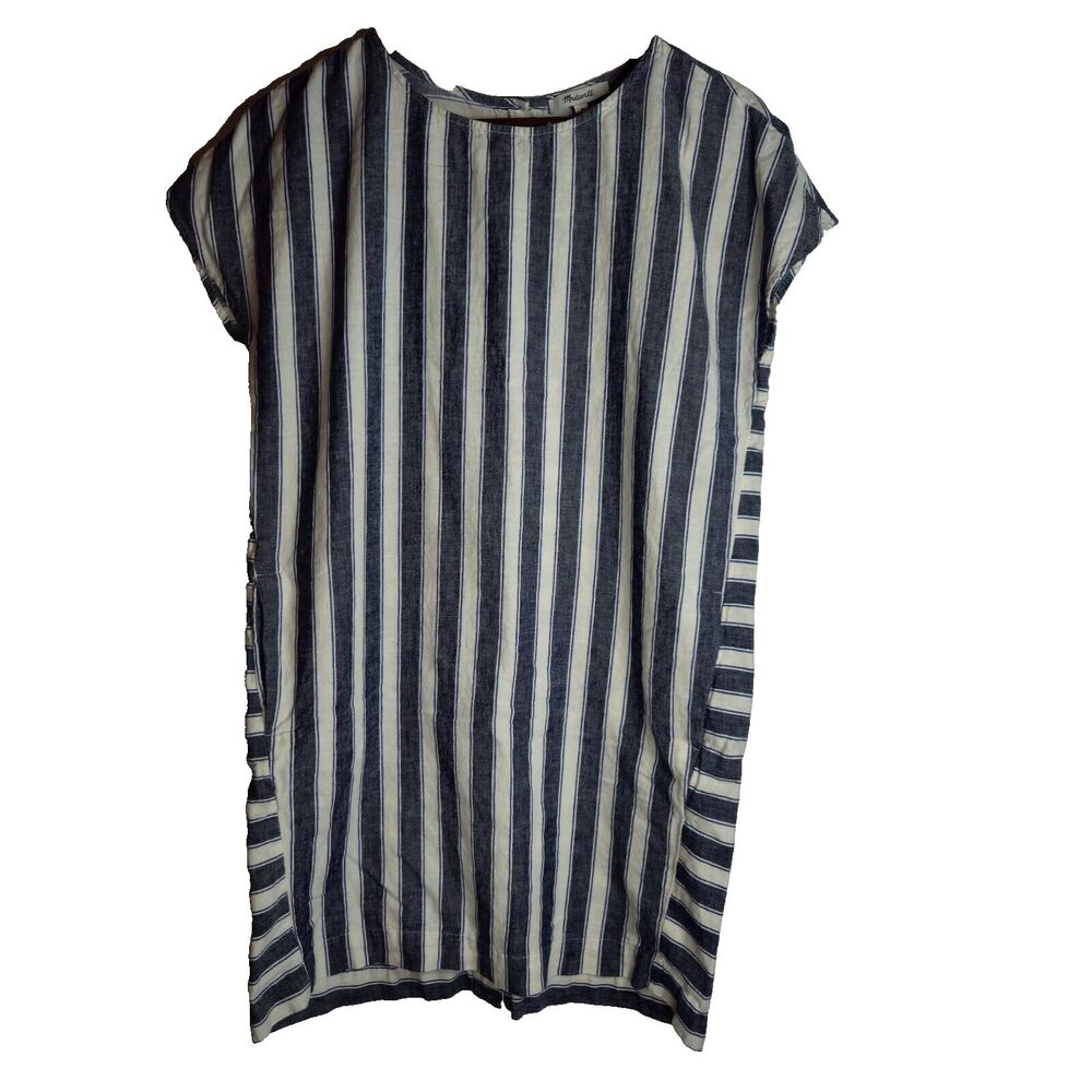 Madewell Stripe Play Button Back Dress In Transatlantic Blue Womens Medium